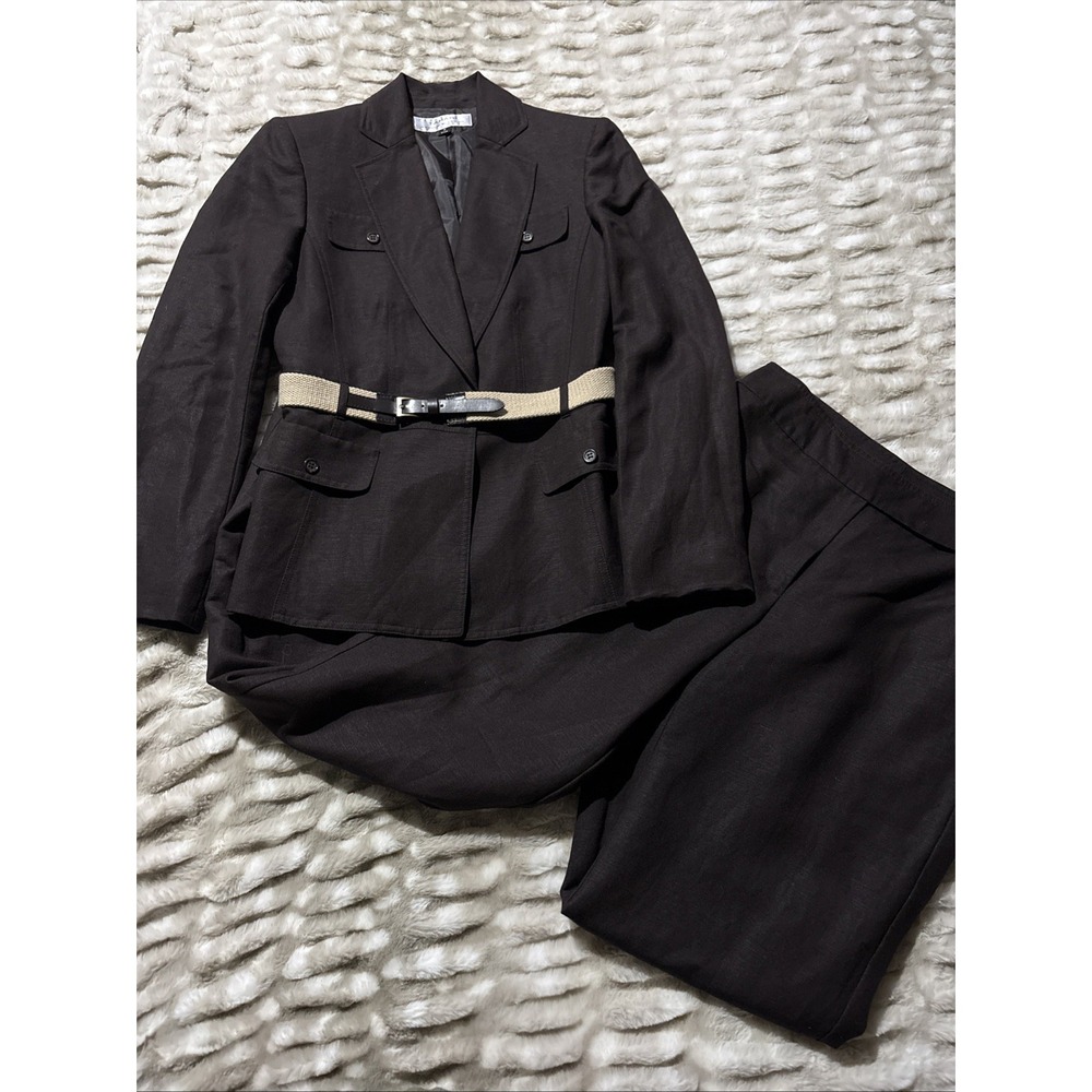 Tahari Womens 2 Pc Linen Blend Belted Blazer/Pant Suit Brown Size 4 Staple Pcs